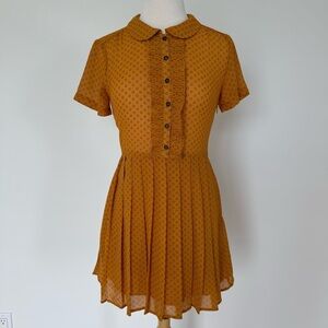 FOREVER 21 // YELLOW MUSTARD BUTTON DOWN COLLAR POLKA DOT DRESS PLEATED SKIRT
